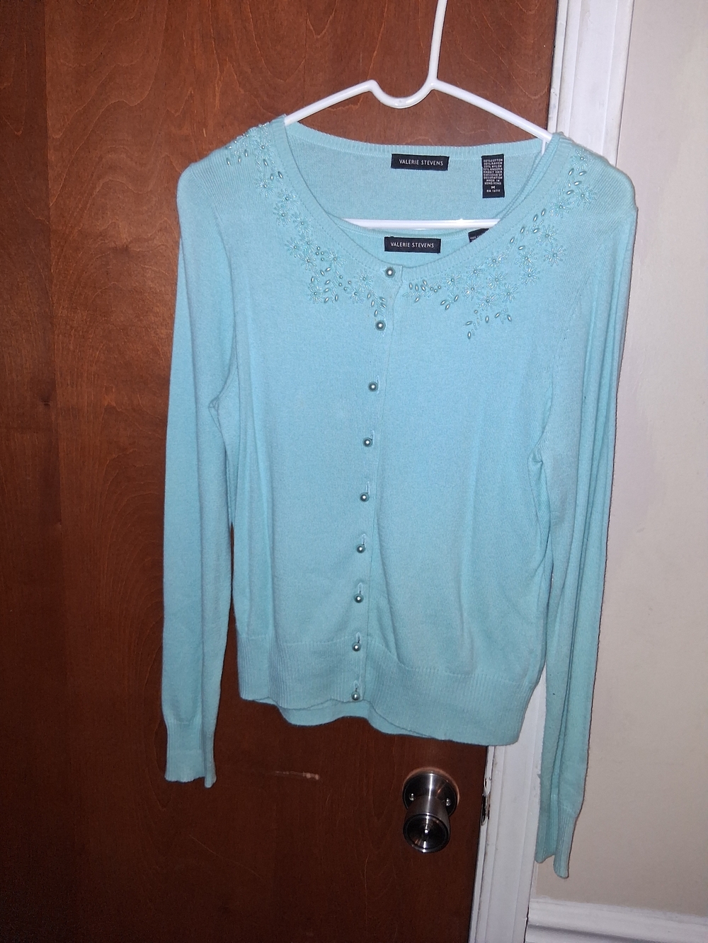 Valerie Stevens Light Blue Embellished Button-Front Sweater Set